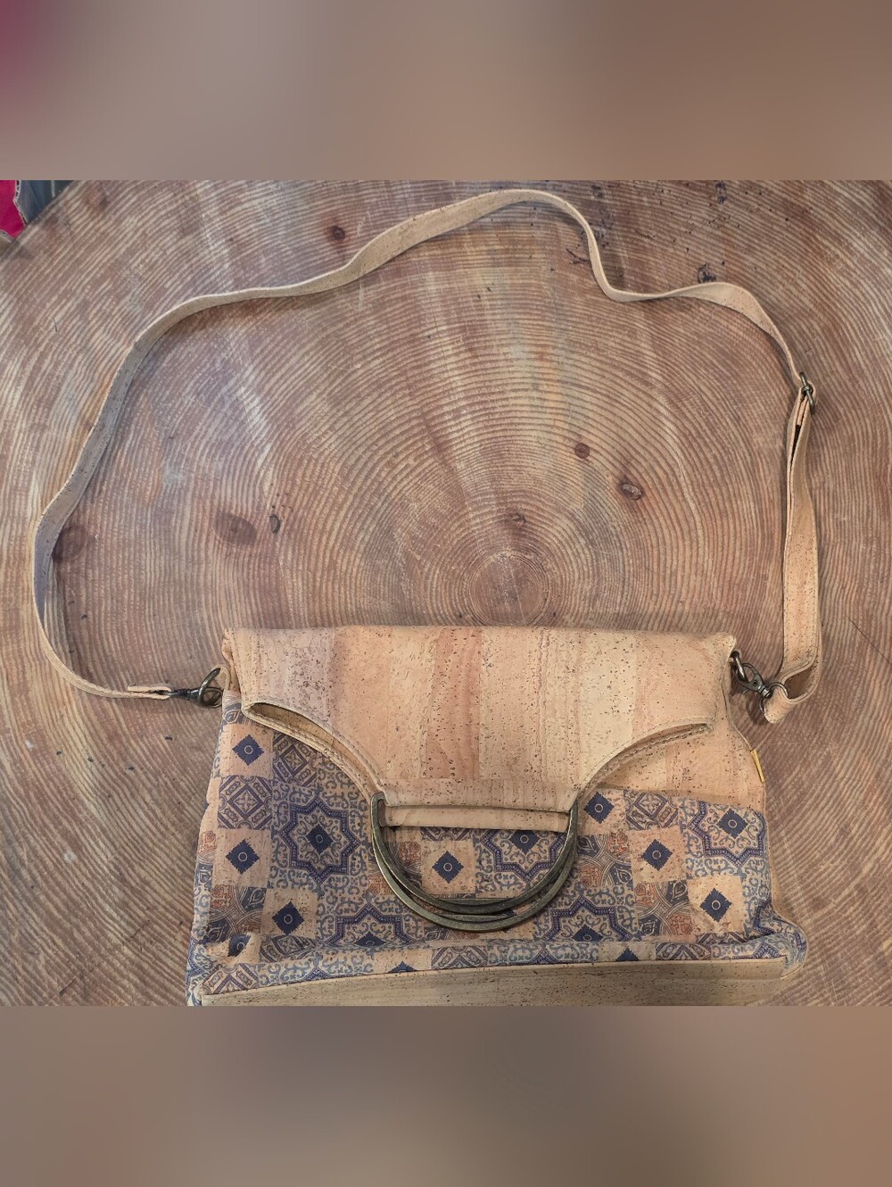 Patterned Cork Crossbody Bag in Tan and Blue